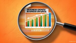 “Magnifying glass over a bar chart or business plan, South African style, warm orange background”