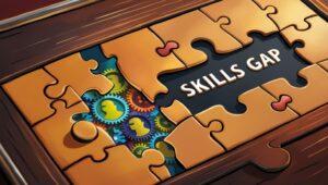 “Puzzle pieces with one missing, human icon or gears inside, symbolising skills gap”