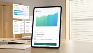 “Checklist with calendar and progress bar icons, neat workspace background, planning visual”