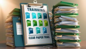 “Clipboard with files, training document icons, audit-ready layout, paper trail concept”