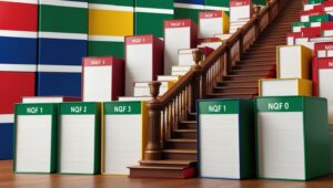 “South African flag colour blocks behind a staircase of books labeled NQF 1 to NQF 10”