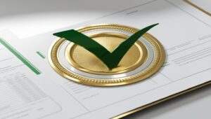 “Certificate with gold seal, checkmark over report or document, clean quality visuals”