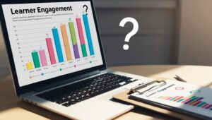 “Open laptop with learner engagement chart, question mark hovering above clipboard”